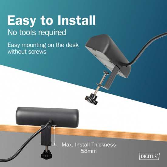 Listwa zasilająca biurkowa, 3 gniazda Schuko, 2x USB-A (2x 12W), 1x USB-C (30W) z zaciskiem na blat, kabel 1,5m, czarna