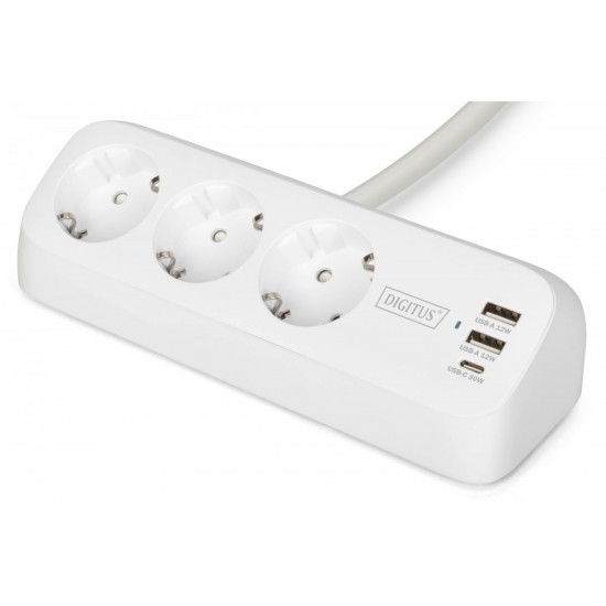 Listwa zasilająca biurkowa, 3 gniazda Schuko, 2x USB-A (2x 12W), 1x USB-C (30W) z zaciskiem na blat, kabel 1,5m, biała