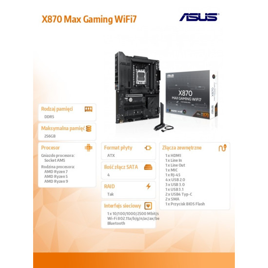 Płyta główna X870 MAX GAMING WIFI7 AM5 4DDR5 HDMI/USB-C 