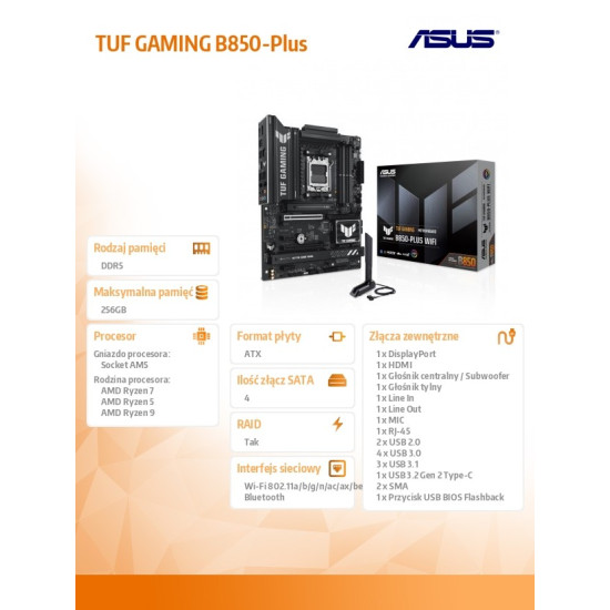 Płyta główna TUF GAMING B850 PLUS WI FI AM5 4DDR5 DP/HDMI ATX 