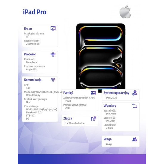 iPad Pro 11 cali Wi-Fi + Cellular 2 TB z szybą o nano-strukturze - Czarny (Space Black)