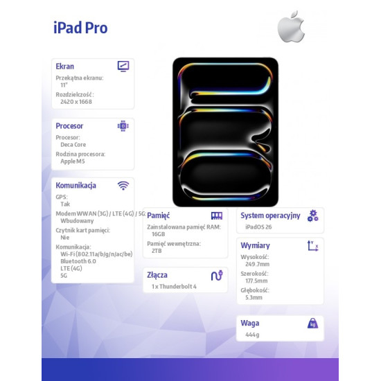 iPad Pro 11 cali Wi-Fi + Cellular 2 TB z szybą o nano-strukturze - Srebrny