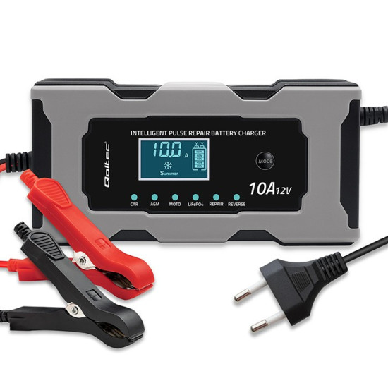 Mikroprocesorowa ładowarka 12V 10A | Prostownik z funkcją naprawy do akumulatora AGM GEL LiFePO4 | LCD 