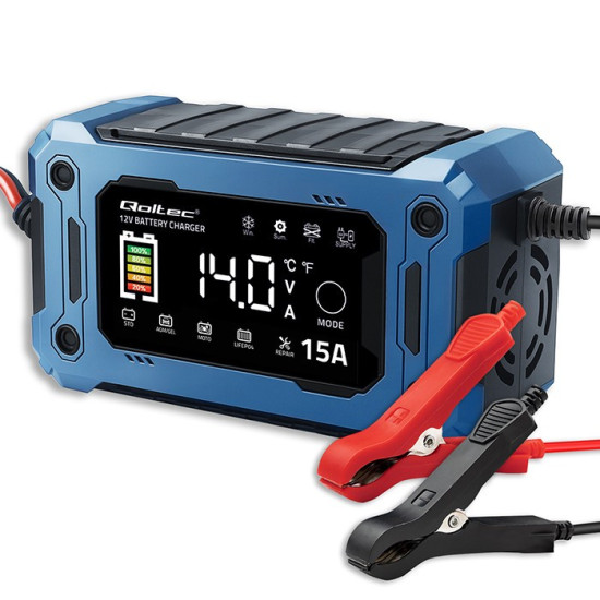 Mikroprocesorowa ładowarka 12V 15A | Prostownik z funkcją naprawy i podtrzymania zasilania podczas wymiany akumulatora | do AGM GEL LiFePO4 |   LCD 