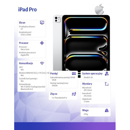 iPad Pro 13 cali Wi-Fi 256 GB ze standardowym szkłem - Srebrny