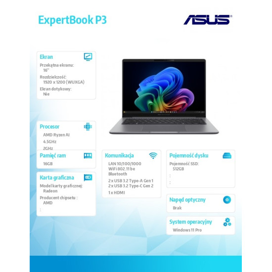 Notebook ExpertBook P3 PM3606CKA-MB0197X - Ryzen AI 5 330/16GB/512GB/16 WUXGA/Win 11 PRO/3YRS