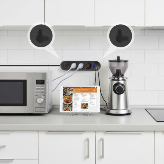 Listwa zasilająca MCE394 B, 1,5m|3 gniazda + 3xUSB. 110-240V AC 50/60Hz, 2.1A max 2500W, czarna