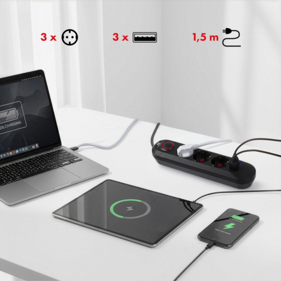 Listwa zasilająca MCE394 B, 1,5m|3 gniazda + 3xUSB. 110-240V AC 50/60Hz, 2.1A max 2500W, czarna