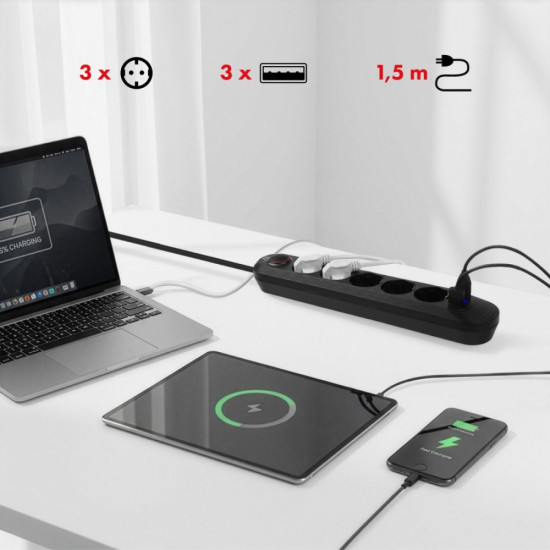 Listwa zasilająca MCE395 B 5 gniazd 3xUSB, 110-240V AC 50/60Hz, 2.1A max 2500W, czarna