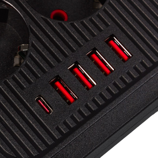 Listwa zasilająca MCE389 B 6 gniazd 4xUSB-A, 1xUSB-C 110-240V AC 50/60Hz, 2.1A max 2500W, czarna