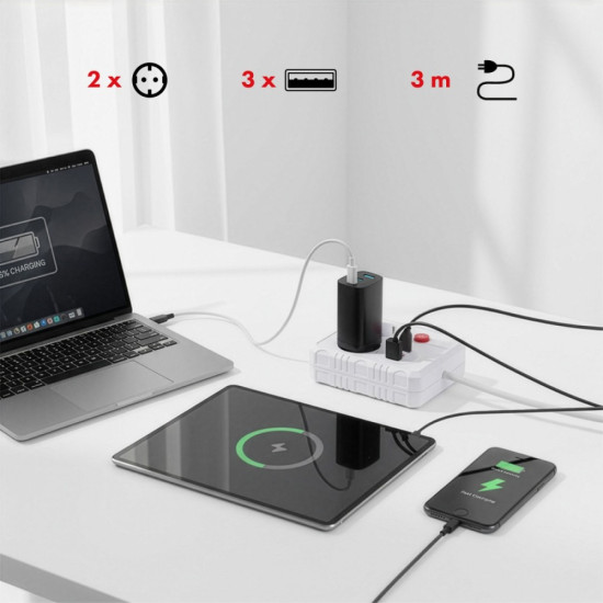 Listwa zasilająca, MCE388 W 2 gniazda, 3xUSB, 110-240V AC 50/60Hz, 2.1A max 2500W, 3m biała