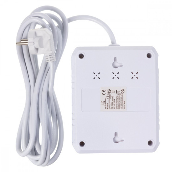 Listwa zasilająca, MCE388 W 2 gniazda, 3xUSB, 110-240V AC 50/60Hz, 2.1A max 2500W, 3m biała