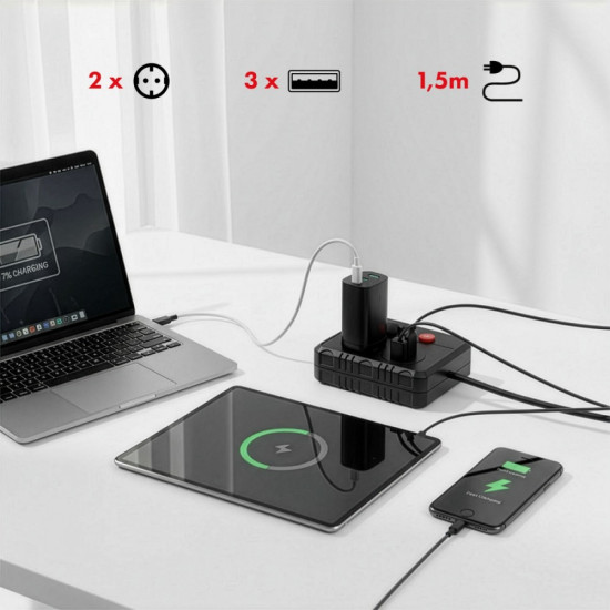 Listwa zasilająca MCE387 B 2 gniazda 3xUSB, 110-240V AC 50/60Hz 2,1A max 2500W, 1,5m czarna