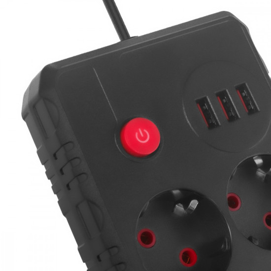 Listwa zasilająca MCE387 B 2 gniazda 3xUSB, 110-240V AC 50/60Hz 2,1A max 2500W, 1,5m czarna
