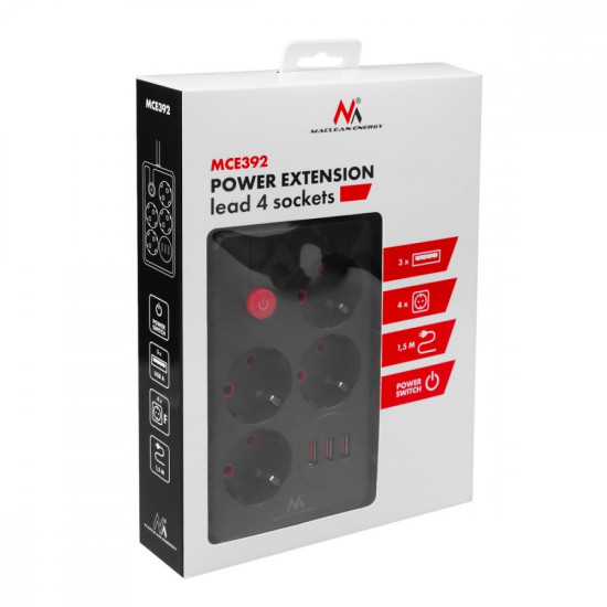 Listwa zasilająca MCE392 B, 4 gniazda 3xUSB, 110-240V AC 50/60Hz, 2.1A max 2500W, 1,5m czarna