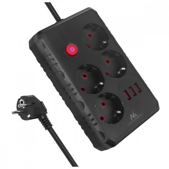 Listwa zasilająca MCE392 B, 4 gniazda 3xUSB, 110-240V AC 50/60Hz, 2.1A max 2500W, 1,5m czarna
