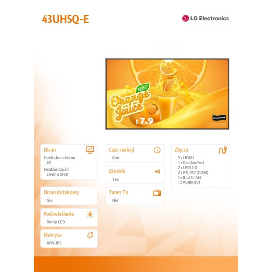 Monitor wielkoformatowy 43 cale 43UH5Q-E 500cd/m2 UHD 24/7 