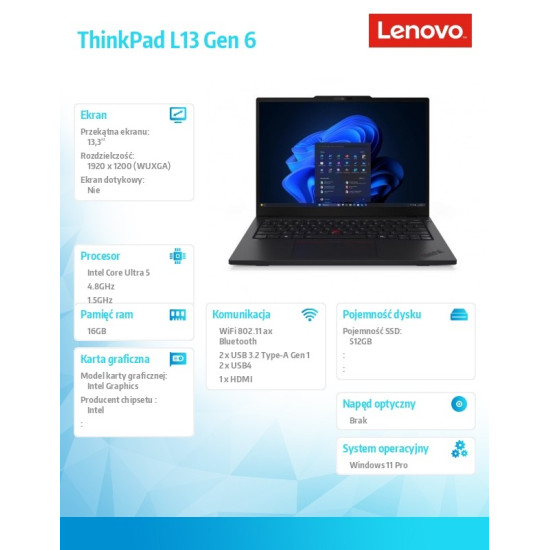 Laptop ThinkPad L13 G6 21R5000XPB  W11Pro Ultra 5 225U/16GB/512GB/INT/13.3 WUXGA/Black/3Y Onsite upgrade from 1Y Courier/Carry-in ESS (CPN)