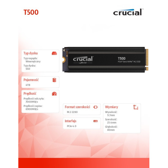 Dysk SSD T500 4TB M.2 NVMe 2280 PCIe 4.0 7400/7000 Radiator 