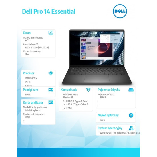 Laptop Dell Pro 14 Essential PV14250 W11P EDU C5 120U/16GB/512GB/Intel Graph/FgrPr/WLAN+BT/14.0/BcklKb/4C/65W/5YRS Carbon Black (plastik) 