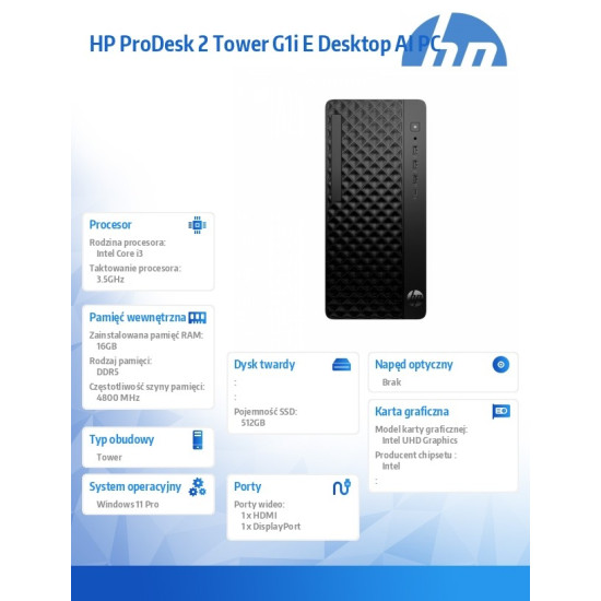 Komputer ProDesk 2 Tower G1i E i3-14100 512GB/16GB/W11P B6ZC8ET