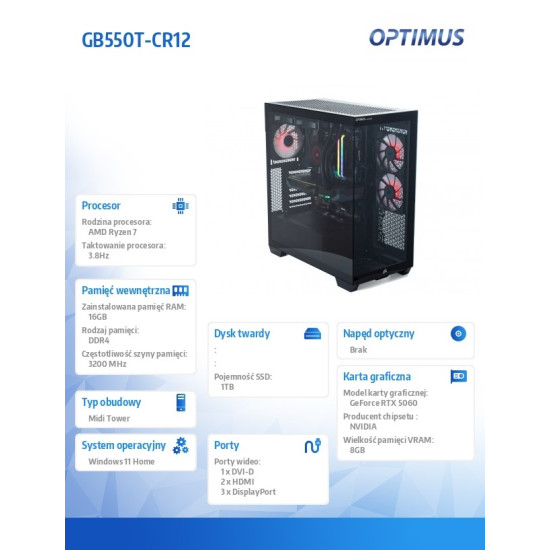 Komputer E-Sport GB550T-CR12 R7-5800X/16GB/1TB/RTX 5060 OC 8GB/W11
