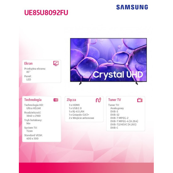 Telewizor LED 85 cali UE85U8092FUXXH