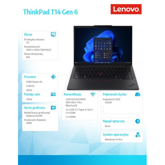 Ultrabook ThinkPad T14 G6 21QJ000TPB W11Pro  AI 5 PRO 340/2X16GB/512GB/INT/14.0 WUXGA/Black/3YRS Premier Support + CO2 Offset 
