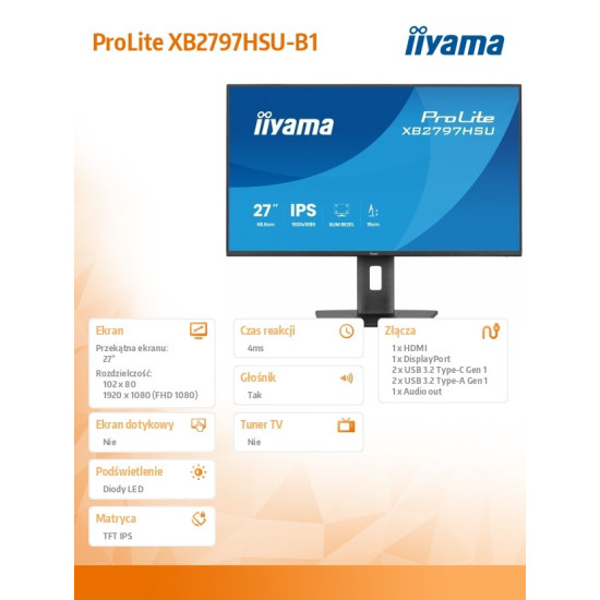 Monitor ProLite 27 cali XB2797HSU-B1 IPS,FHD,HDMI,DP,120Hz,2xUSBv3.2,        2xUSB-C, 350 CD, 2x2W, HAS 150/PIVOT