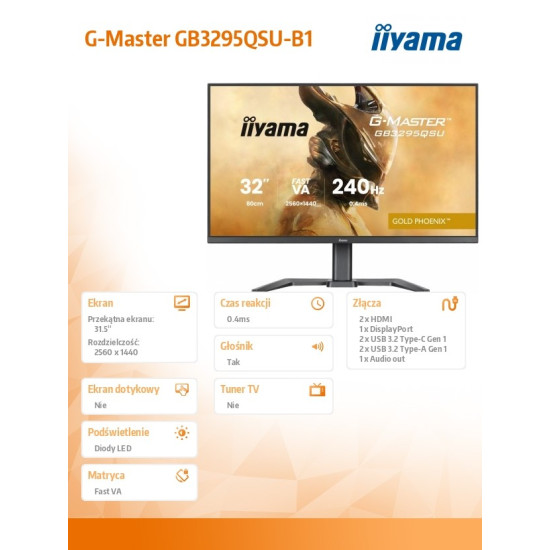 Monitor G-Master 31.5 cala GB3295QSU-B1 QHD,FastVA,240Hz,2xHDMI,DP,400cd,0,4ms, 2xUSB 3.2 , 2xUSB-C, HAS 150, FreeSync Premium - HDMI: 2560 x 1440 @48