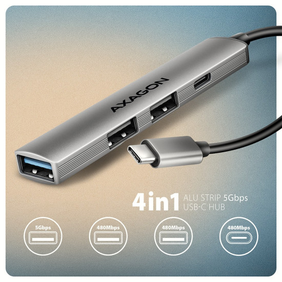 HUE-STC HUB 4-portowy  1x USB-A 5Gbps, 2x USB2.0 + 1x USB-C 2.0, 12cm kabel USB-C