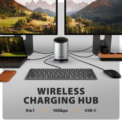HMC-WL9 Wieloportowy hub USB 9in1, 10Gbps, 3xUSB-A, 1xUSB-C, DP 8K/60Hz, HDMI 4K/60Hz, PD 100W, GLAN, 100cm USB-C kabel, wireless charging 15W