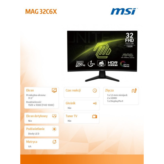 Monitor 31.5 cala MAG 32C6X LED/FHD/Curved/250Hz/czarny