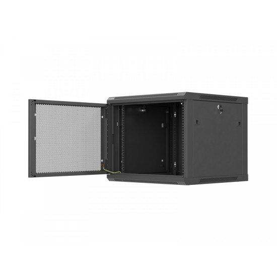 Szafa instalacyjna rack wisząca 19 cali 9U 600x600 czarna drzwi     perforownae ( flat pack) 