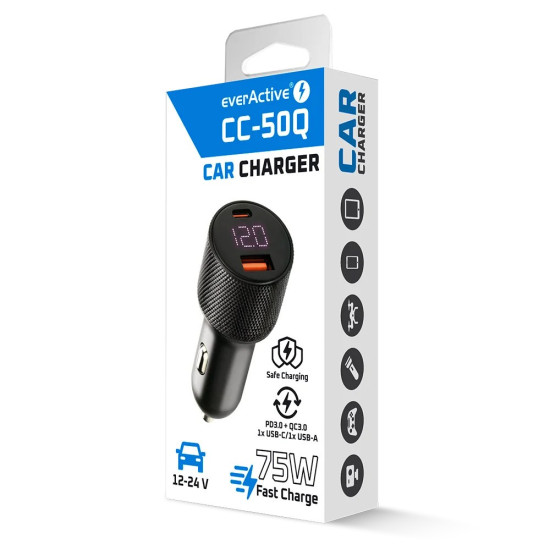Ładowarka samochodowa CC-50Q QC3.0 75W 1X USB + 1X USB-C PD czarna