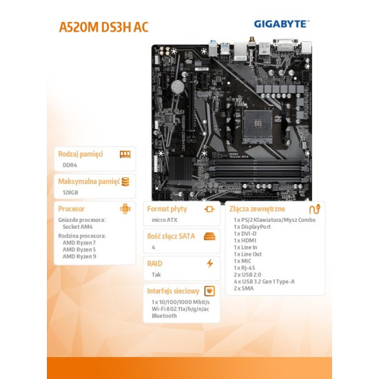 Płyta główna A520M DS3H AC AM4 4DDR4 /HDMI/DVI/DP M.2 mATX 