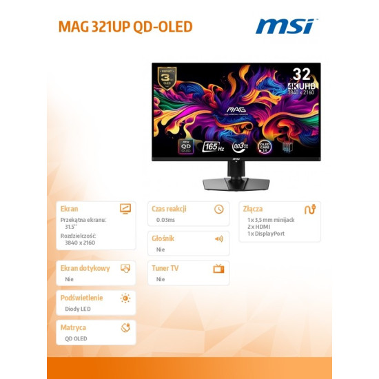Monitor MAG 321UP QD-OLED 31.5 cala UHD/LED/Flat/165Hz/czarny