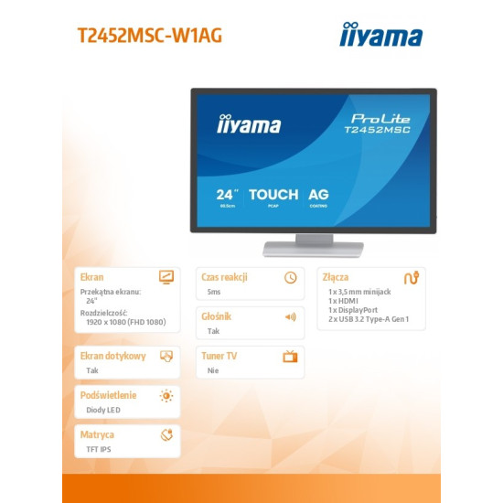 Monitor 24 cale T2452MSC-W1AG FHD,10PKT, POJ, IPS, HDMI, DP, 400cd, biały