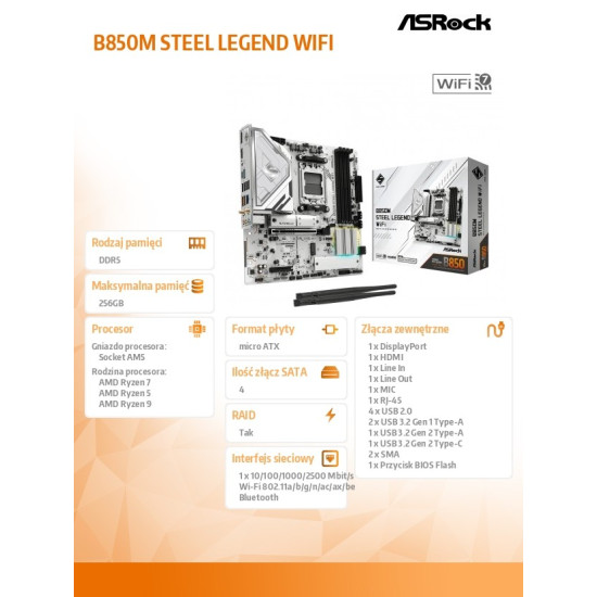 Płyta główna B850M STEEL LEGEND WIFI AM5 4DDR5 HDMI/DP mATX 