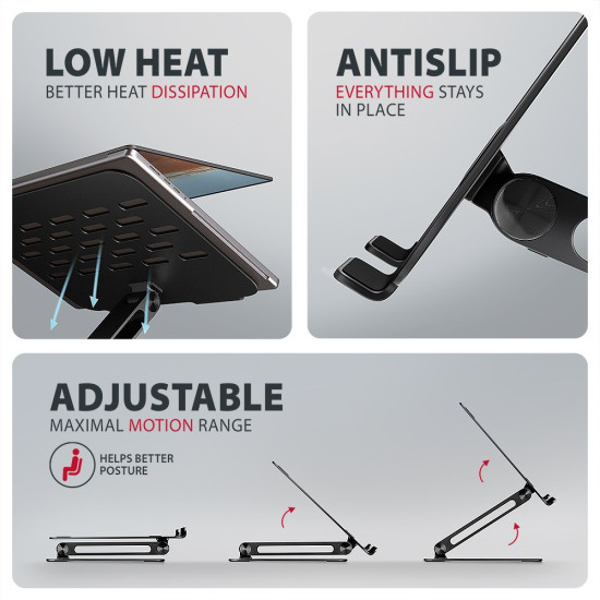 STND-LQB Podstawka do laptopów aluminiowa 10-17,3 cala regulowane kąty nachylenia, Czarna