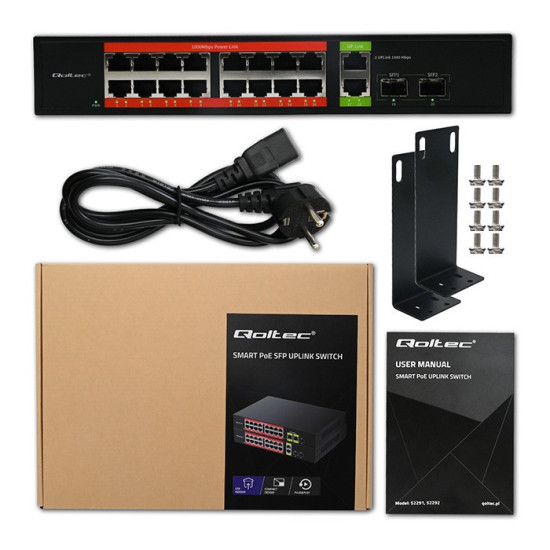 Przełącznik sieciowy SWITCH Gigabit Ethernet PoE | 16x RJ45 | 2x RJ45 Uplink | 2x SFP | 1000 Mb/s 