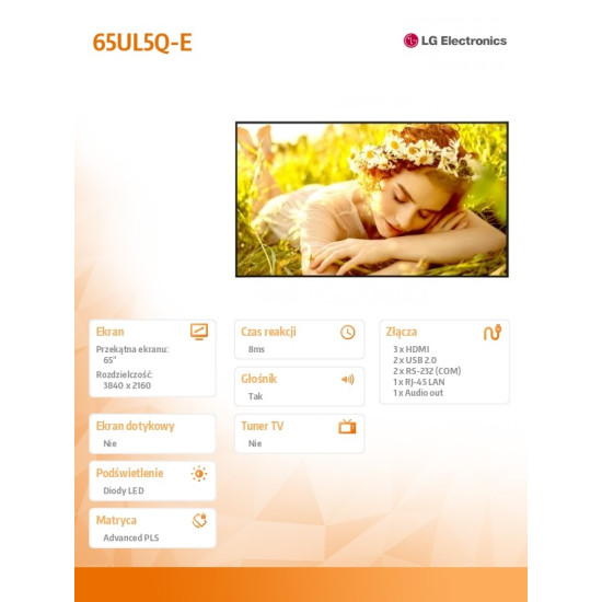 Monitor wielkoformatowy 65UL5Q-E 500cd/m2 UHD 24/7