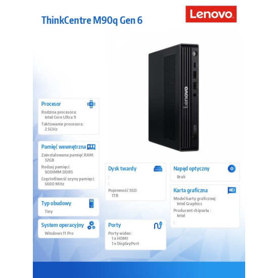 Komputer ThinkCentre M90q Tiny G6 13AC000JPB W11Pro Ultra 9 285/2x16GB/1TB/INT/Black/3YRS OS + 1YR Premier 