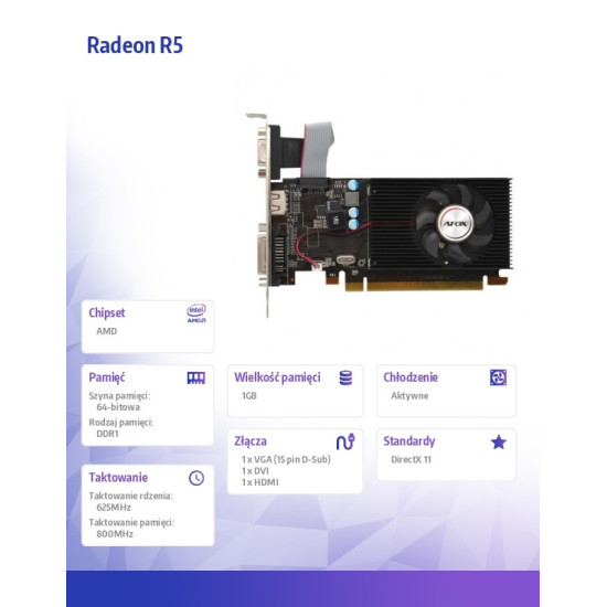 Karta graficzna Radeon R5 230 1GB DDR3 64Bit DVI HDMI VGA LP 