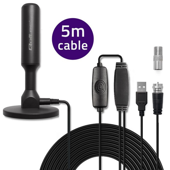 Wewnętrzna Antena TV DVB-T2 ze wzmacniaczem sygnału i magnetyczną podstawą | 4K | 28dBi | 5m 