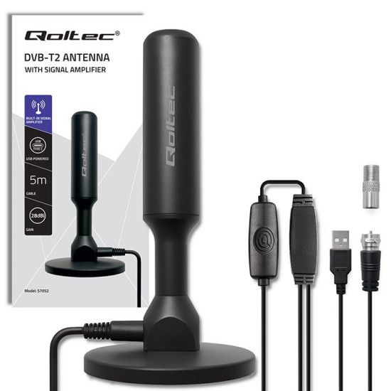 Wewnętrzna Antena TV DVB-T2 ze wzmacniaczem sygnału i magnetyczną podstawą | 4K | 28dBi | 5m 