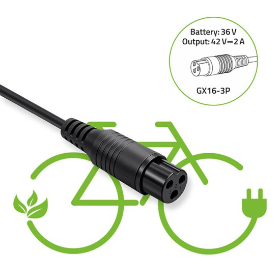 Ładowarka do roweru elektrycznego 36V | 42V | 2A | 3P-GX16 + kabel zasilający 