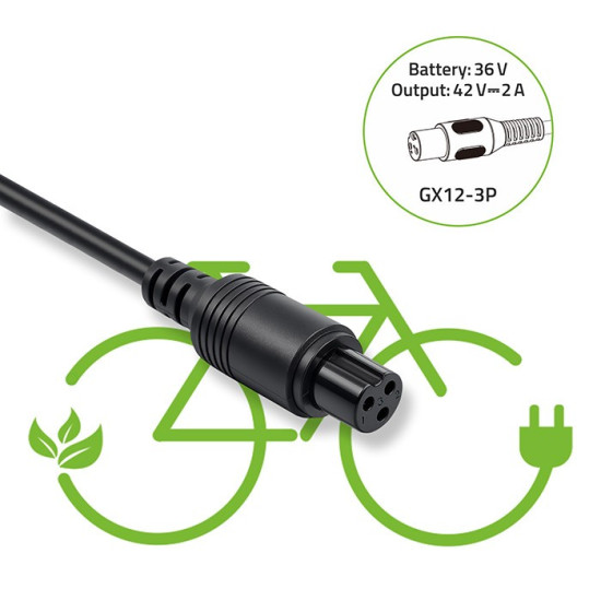 Ładowarka do roweru elektrycznego 36V | 42V | 2A | GX12-3Pin + kabel zasilający 