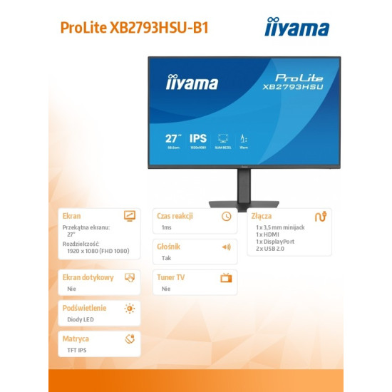 Monitor 27 cali XB2793HSU-B1 IPS, HDMI, DP, 2x2W, 2xUSB, 350cd, 1500:1, HAS 150/PIVOT