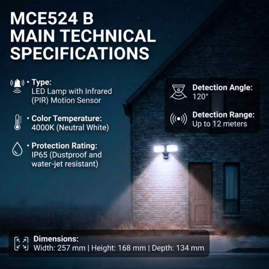 Ścienna lampa LED, czujnik PIR MCE524B 20W, 1500lm, IP65. neutral white 4000K, czarna 